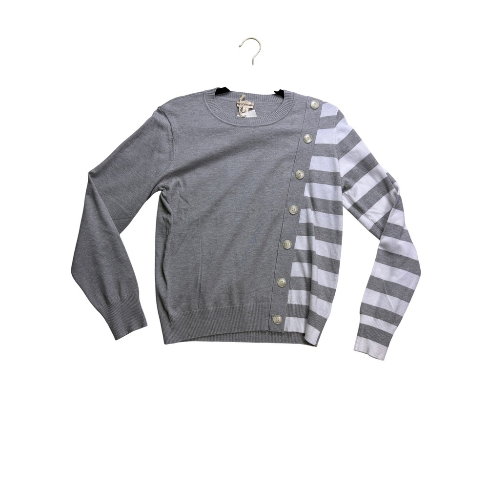 Hem & Thread Sweater Womens Small Gray Striped Button Detail Crewneck Pullover